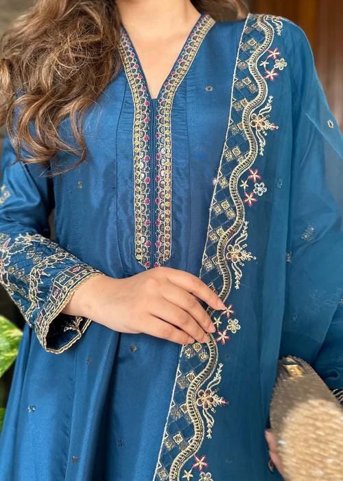 Embroidered Silk Anarkali Suit with Organza Dupatta - 3 Piece