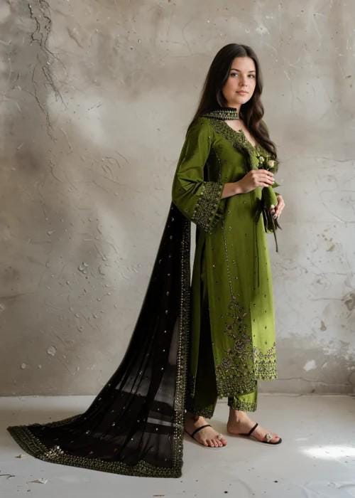 Embroidered Linen Suit with Chiffon Dupatta - Olive Green