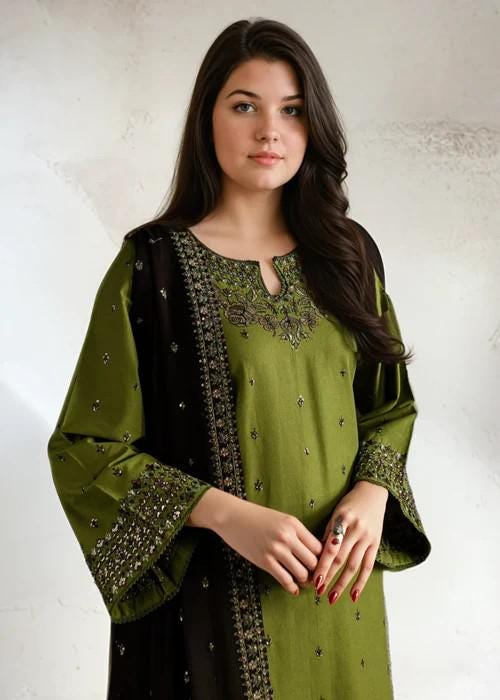 Embroidered Linen Suit with Chiffon Dupatta - Olive Green