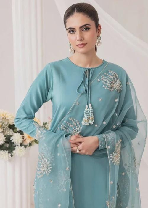3 Piece Embroidered Linen Palazzo Suit - Short Kurta - Chiffon Dupatta