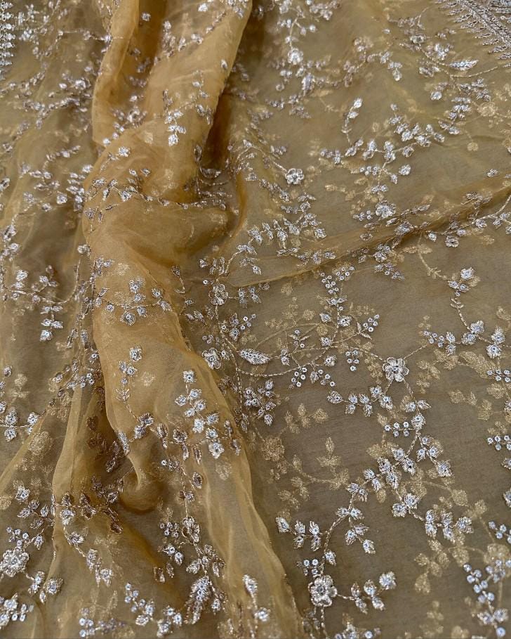 Heavily Embroidered Golden Organza Dupatta - Honey Gold / Beige Golden