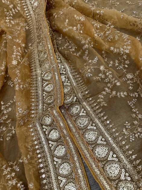 Heavily Embroidered Golden Organza Dupatta - Honey Gold / Beige Golden
