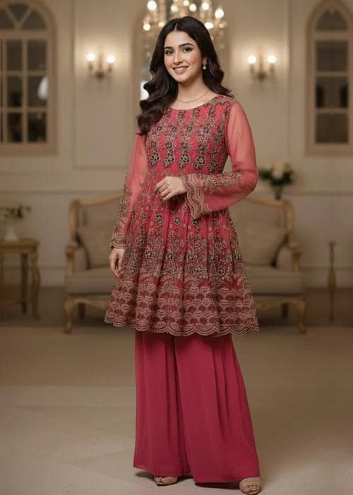 Designer Embroidered Organza Gharara - Bubblegum Pink