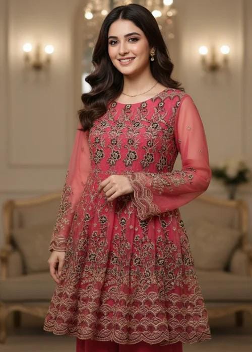 Designer Embroidered Organza Gharara - Bubblegum Pink