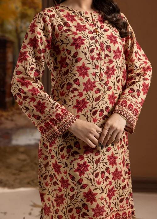 3 Piece Embroidered Cotton Suit - Beige and Red