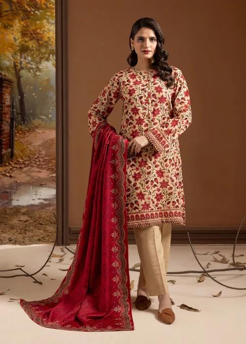 3 Piece Embroidered Cotton Suit - Beige and Red