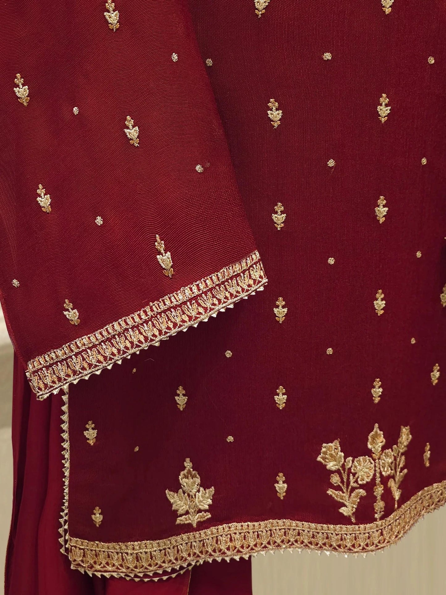 Agha Noor 3 Piece - Pure Embroidered Cotton Net Suit - Maroon