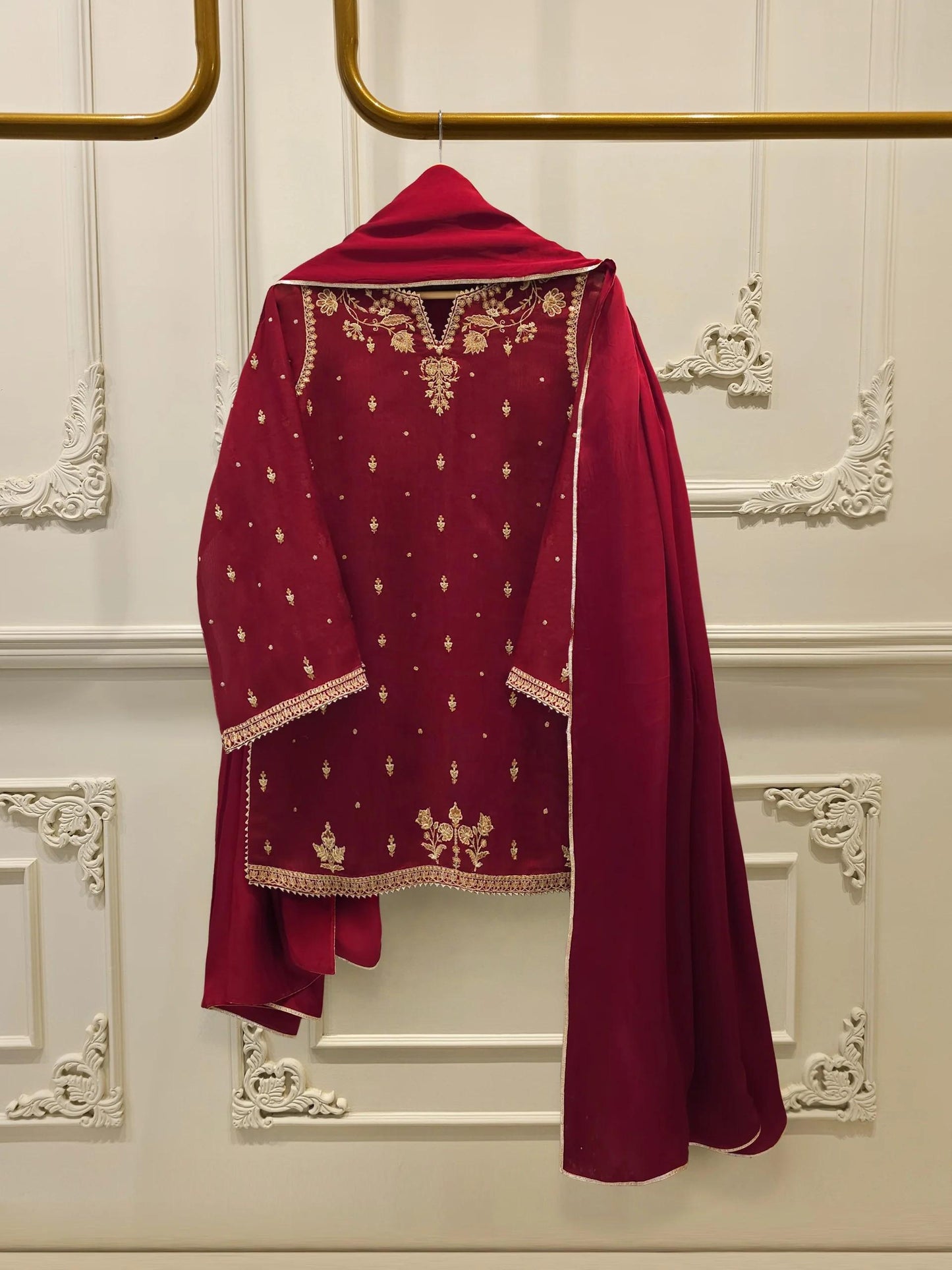 Agha Noor 3 Piece - Pure Embroidered Cotton Net Suit - Maroon