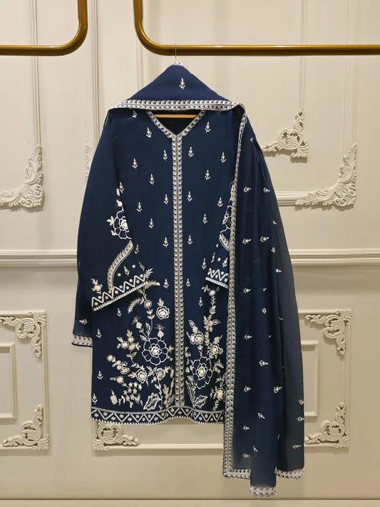 Agha Noor 3 Piece - Embroidered Cotton Net Suit -- Navy Blue