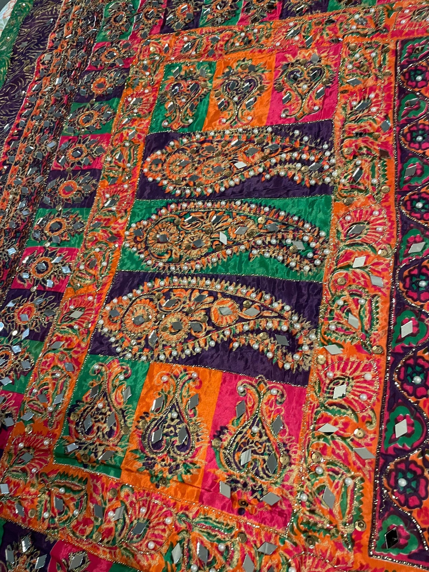 DPM1- Handmade Block Print Silk Dupatta With Mirror and Pearl Work