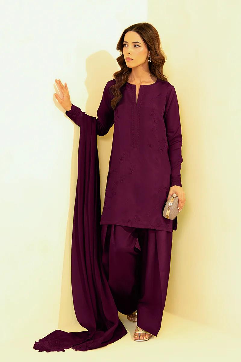 3 piece - Designer Brand Farshi Embroidered Shalwar Suit -  Tassel Silk Top, Bottom & Dupatta