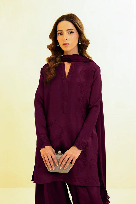 3 piece - Designer Brand Farshi Embroidered Shalwar Suit -  Tassel Silk Top, Bottom & Dupatta