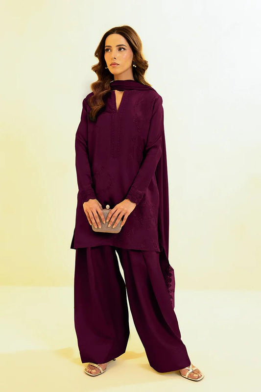 3 piece - Designer Brand Farshi Embroidered Shalwar Suit -  Tassel Silk Top, Bottom & Dupatta