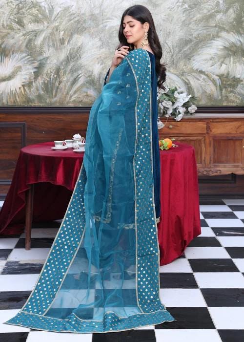 XXL - Blue Embroidered Velvet Suit - Organza Dupatta & Jamawar (Brocade) Pants