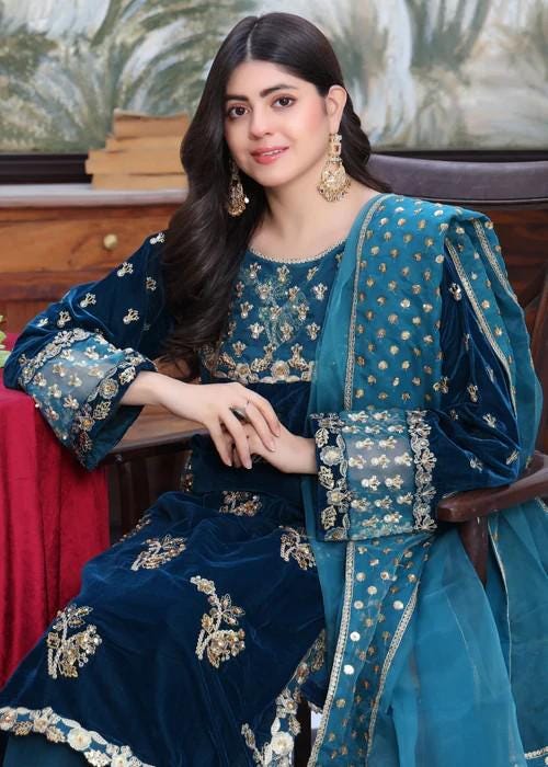 XXL - Blue Embroidered Velvet Suit - Organza Dupatta & Jamawar (Brocade) Pants