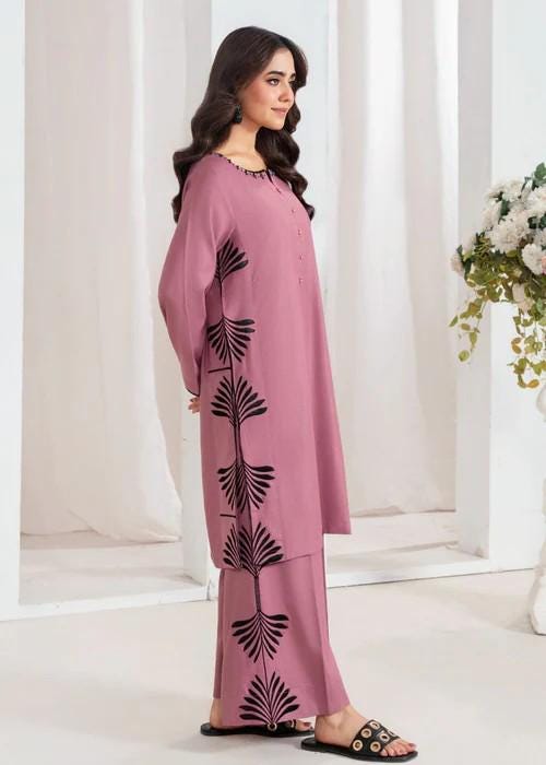 2 Piece Embroidered Linen Co Ord Set - Palazzo Pants - Petal Pink