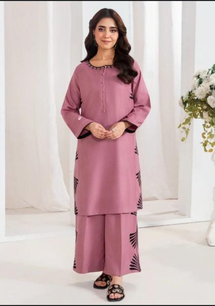 2 Piece Embroidered Linen Co Ord Set - Palazzo Pants - Petal Pink