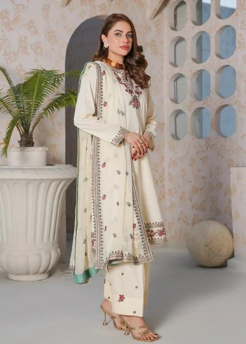 Embroidered Lawn Farshi Shalwar Suit - Chiffon Dupatta - Ivory White