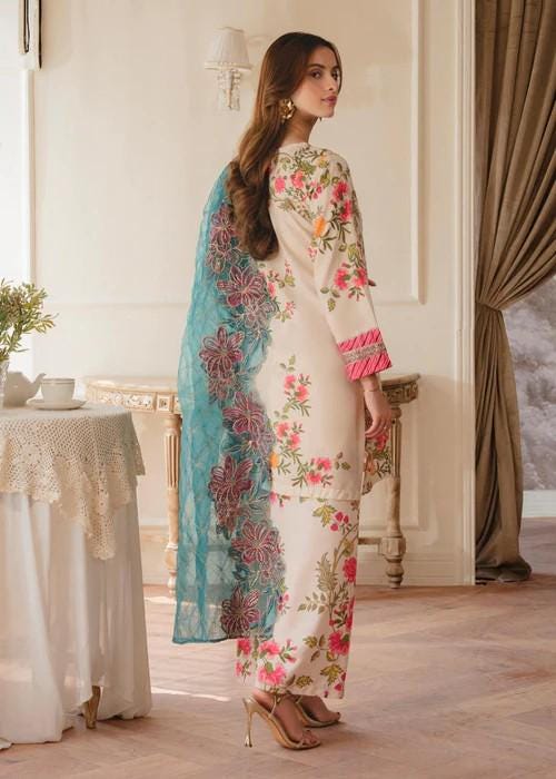 Embroidered Lawn Suit - 3 Piece With Organza Dupatta