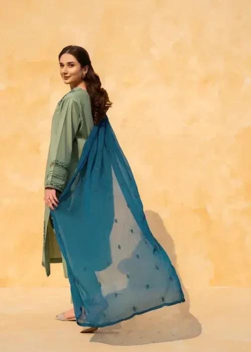 Embroidered Cotton Suit with Chiffon Dupatta - Moss Green