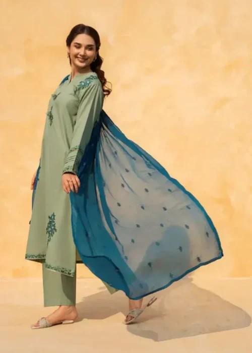 Embroidered Cotton Suit with Chiffon Dupatta - Moss Green