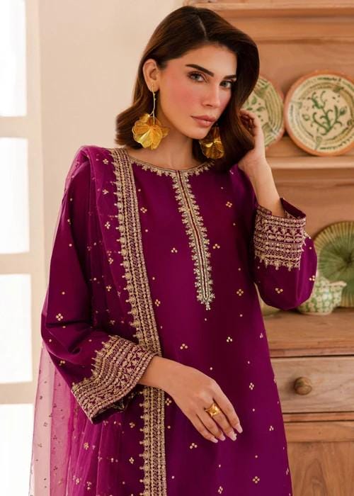 Embroidered Lawn Suit with Organza Dupatta - Plum Purple