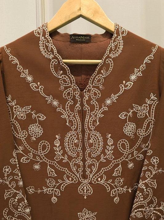 Embroidered Kora Cotton Suit with Raw Silk Pants - Agha Noor 2 Piece