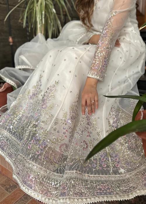 3 Piece Embroidered Organza Maxi Dress - Fine thread and sequin work