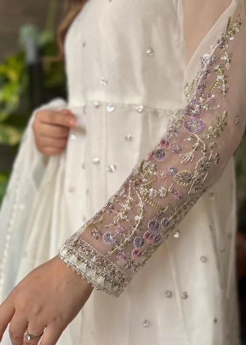 3 Piece Embroidered Organza Maxi Dress - Fine thread and sequin work
