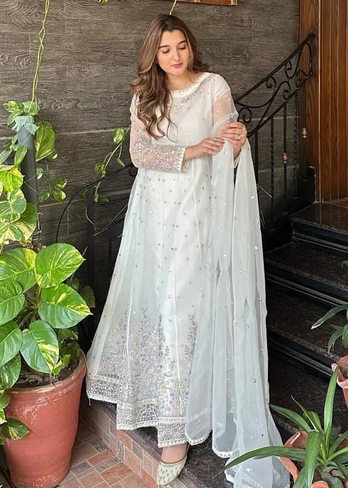 3 Piece Embroidered Organza Maxi Dress - Fine thread and sequin work