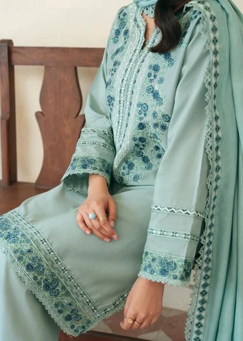 3 Piece Pakistani Lawn Embroidered Designer Suit - Ice Blue