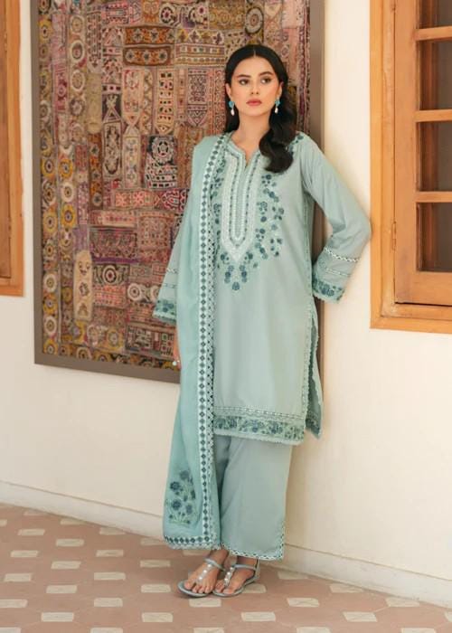3 Piece Pakistani Lawn Embroidered Designer Suit - Ice Blue