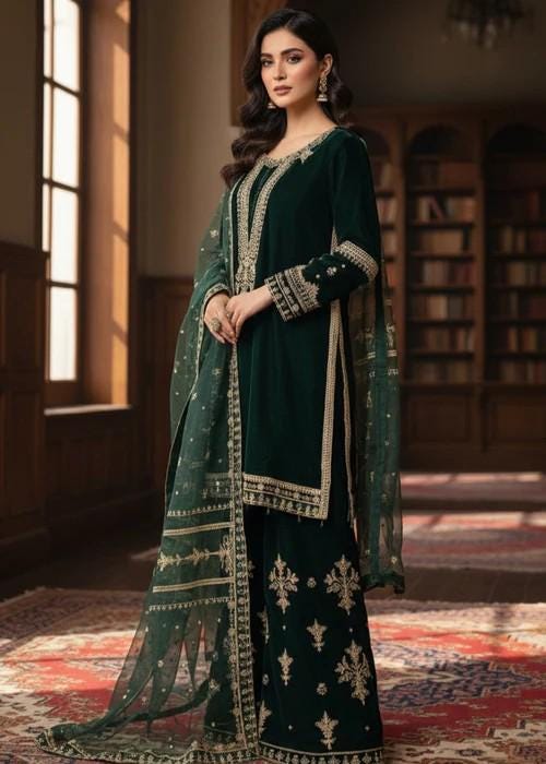 Embroidered Dark Green Velvet Palazzo Suit - 3 Piece - Organza Dupatta