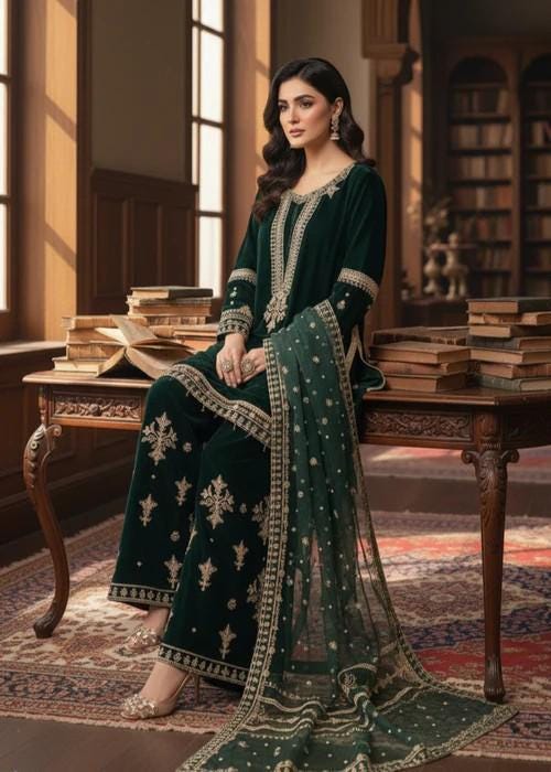 Embroidered Dark Green Velvet Palazzo Suit - 3 Piece - Organza Dupatta