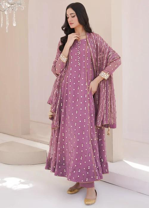 Embroidered Chiffon Anarkali Suit - 3 Piece size medium; chest 42”