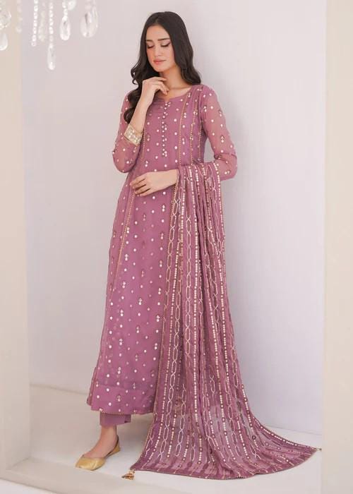 Embroidered Chiffon Anarkali Suit - 3 Piece size medium; chest 42”