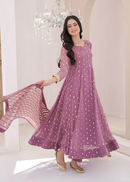 Embroidered Chiffon Anarkali Suit - 3 Piece size medium; chest 42”