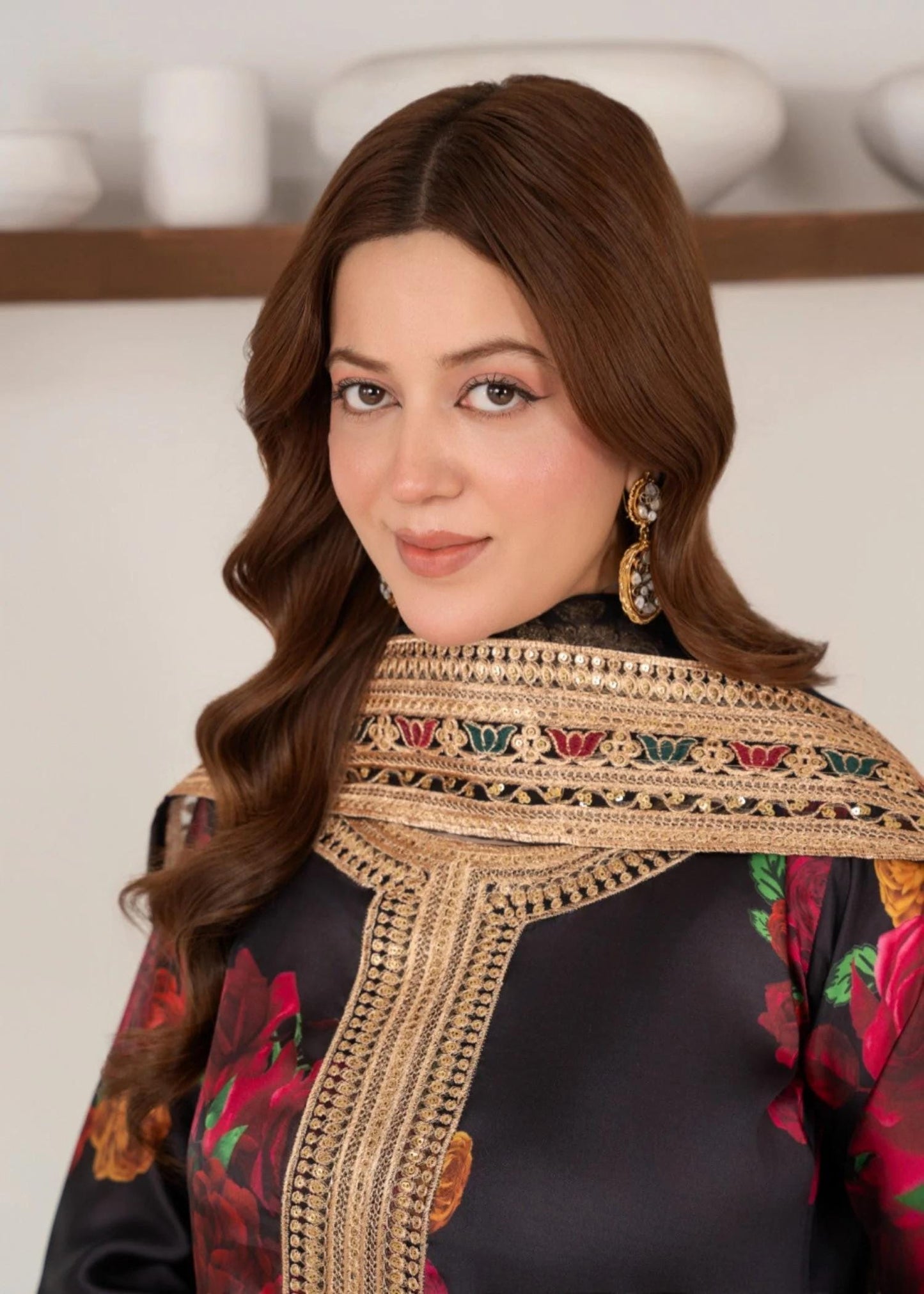 Embroidered Charmeuse Silk Suit - Organza Dupatta - Black and Red