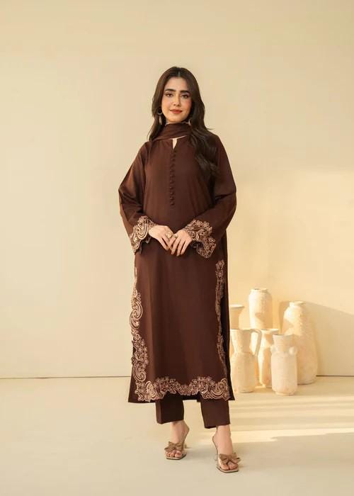 3 piece - Embroidered Marina Suit - Chocolate Brown