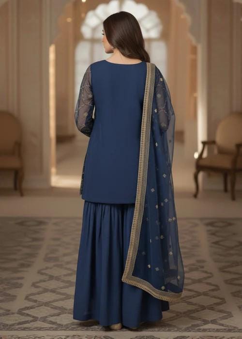 3 Piece Embroidered Gharara Suit - Blue