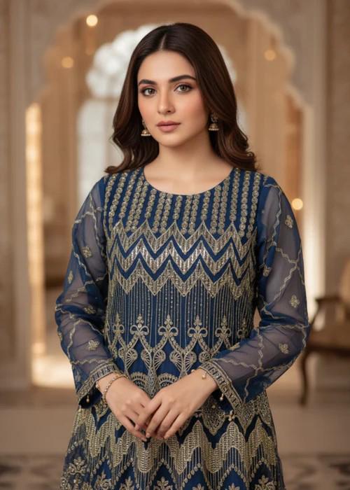 3 Piece Embroidered Gharara Suit - Blue