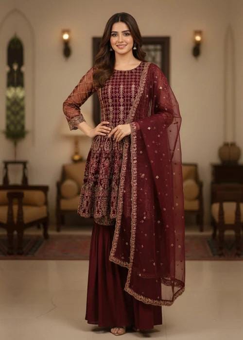 Designer Embroidered Gharara Suit - Magenta