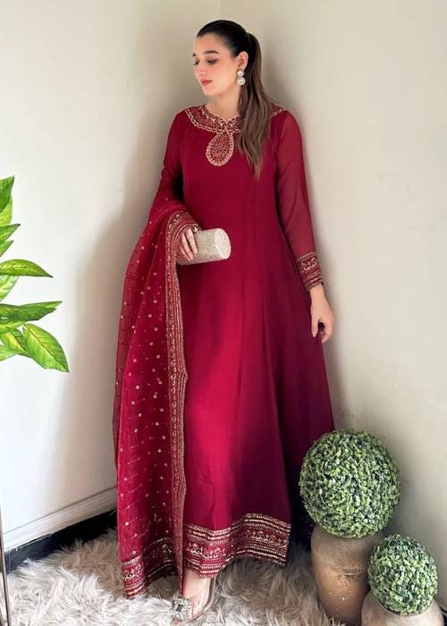 4 Piece Embroidered Chiffon Maxi Dress - With  Silk Trousers and a Stylish Potli Bag