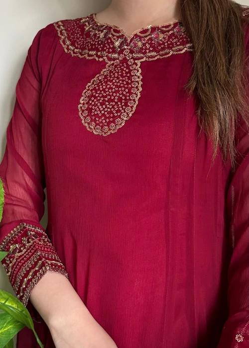 4 Piece Embroidered Chiffon Maxi Dress - With  Silk Trousers and a Stylish Potli Bag
