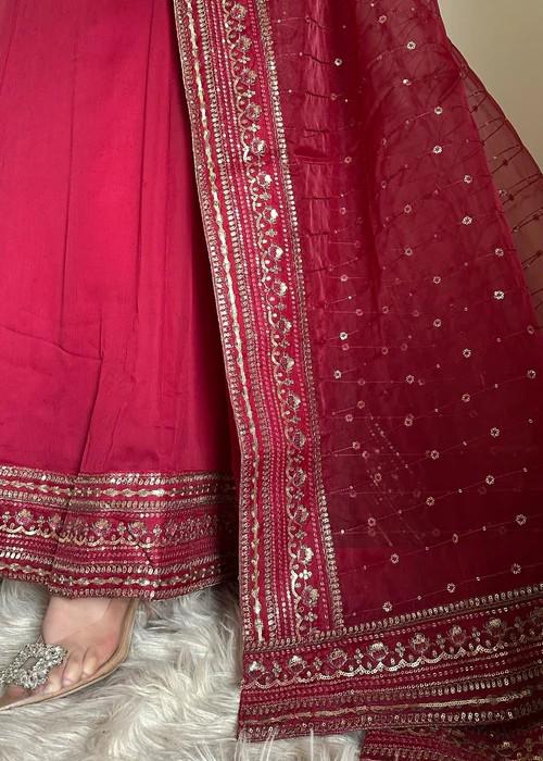 4 Piece Embroidered Chiffon Maxi Dress - With  Silk Trousers and a Stylish Potli Bag