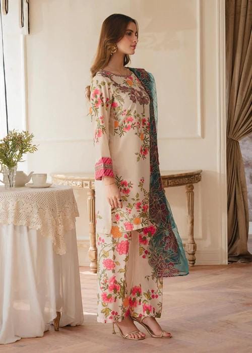 3 piece - Embroidered Lawn Suit - Organza Dupatta