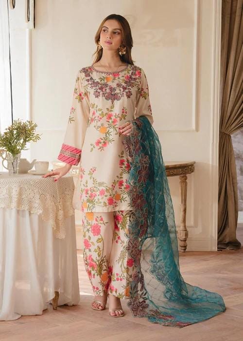 3 piece - Embroidered Lawn Suit - Organza Dupatta