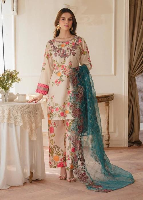 3 piece - Embroidered Lawn Suit - Organza Dupatta