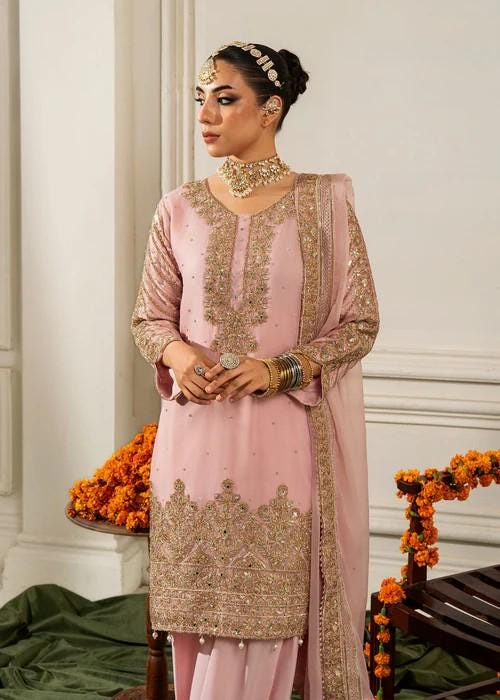 3 Piece Golden Embroidered Farshi Shalwar Chiffon Suit - Pink