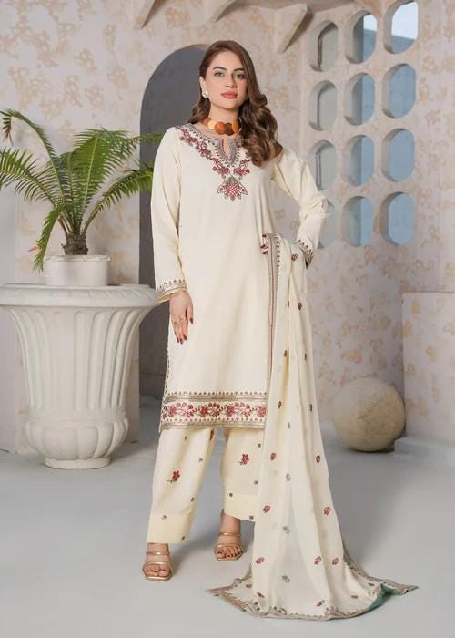 Embroidered Lawn Farshi Shalwar Suit - Chiffon Dupatta - Ivory White